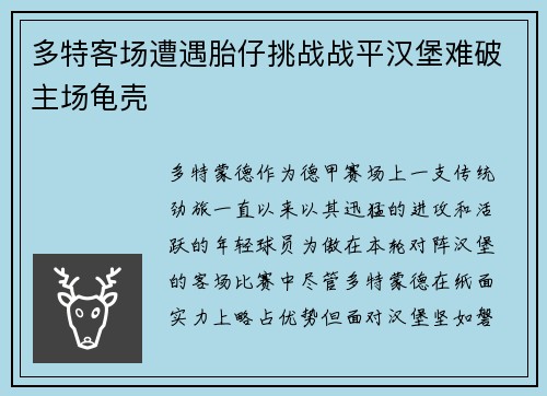 多特客场遭遇胎仔挑战战平汉堡难破主场龟壳
