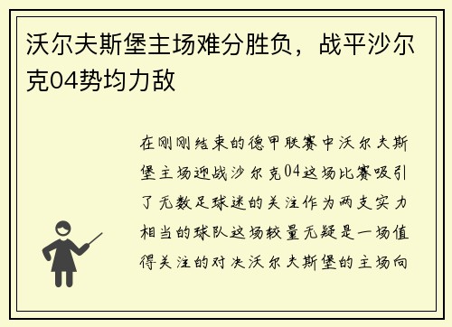 沃尔夫斯堡主场难分胜负，战平沙尔克04势均力敌