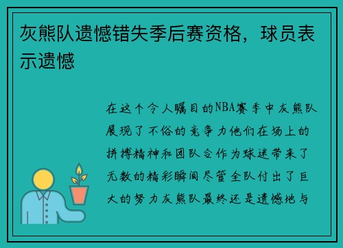 灰熊队遗憾错失季后赛资格，球员表示遗憾