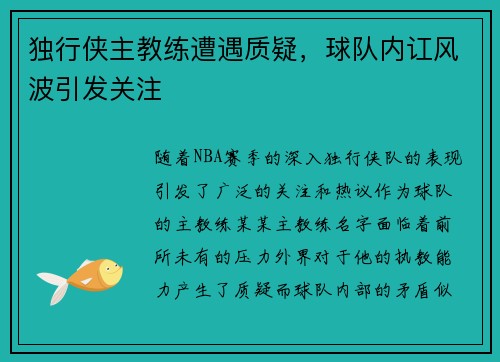 独行侠主教练遭遇质疑，球队内讧风波引发关注